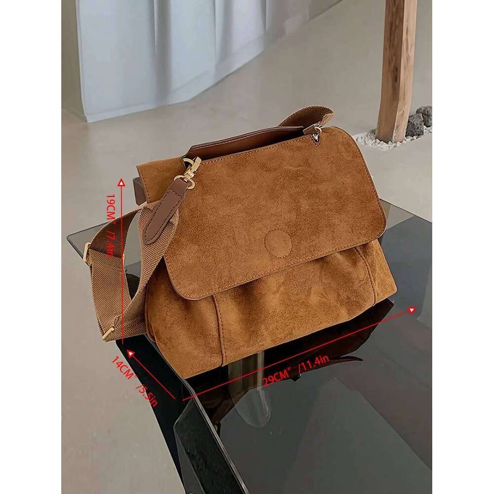 Retro Brown Veet Crossbody Bag, Large-Capacity Suede Soft Messenger Shoulder Women's Bag
