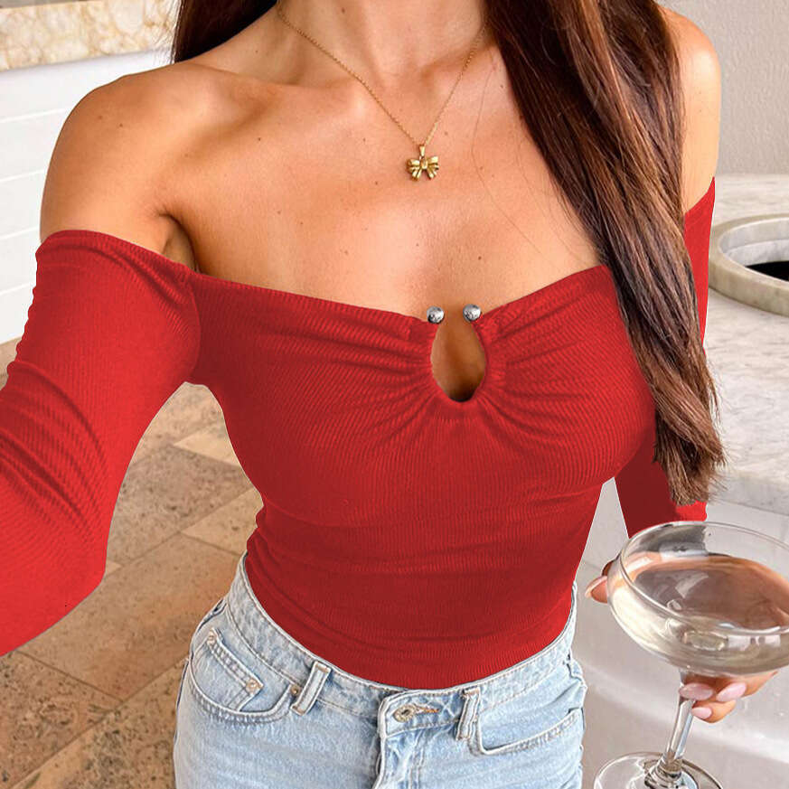 Y2K New Hot Girl Off-Shoulder Metal Buckle Ruched Slim Fit Long Sleeve T-Shirt Top Knitted Ribbed Base Shirt 1062
