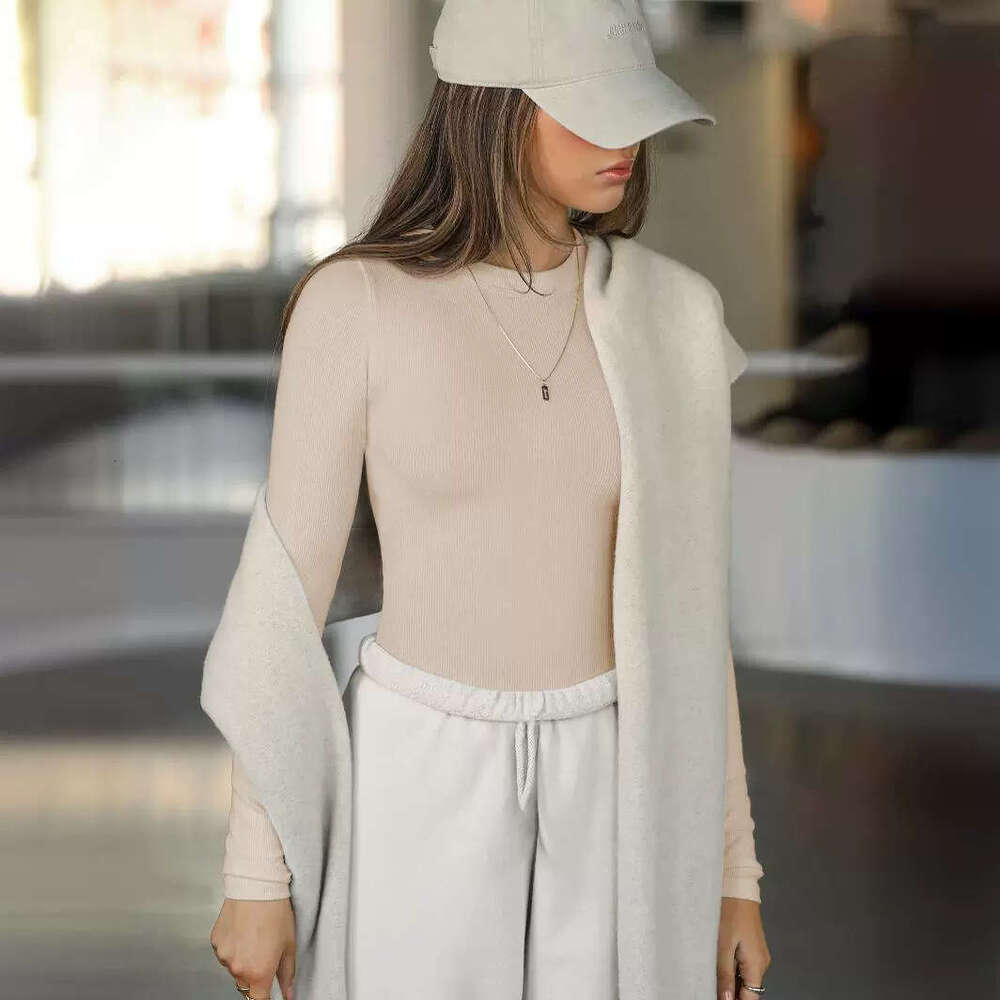 2025 New Y2K Clothing Ribbed Crew Neck Long Sleeve T-Shirt for Women Base Layer Outerwear Slim Fit Off-Shoulder Hot Girl Top Pure Desire 1062