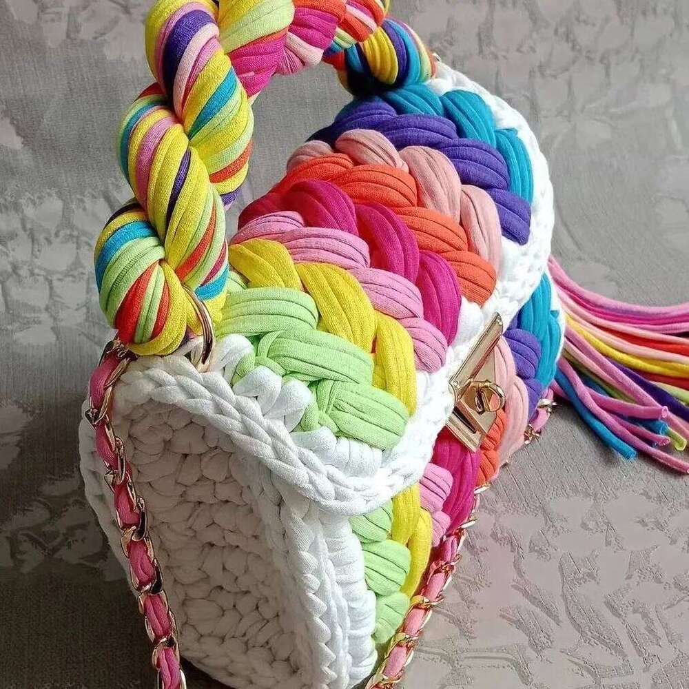 Lady Shoulder Handmade Crochet Woven Bag Fabric Strip Designer Handbag Purses For Women Tote Bags