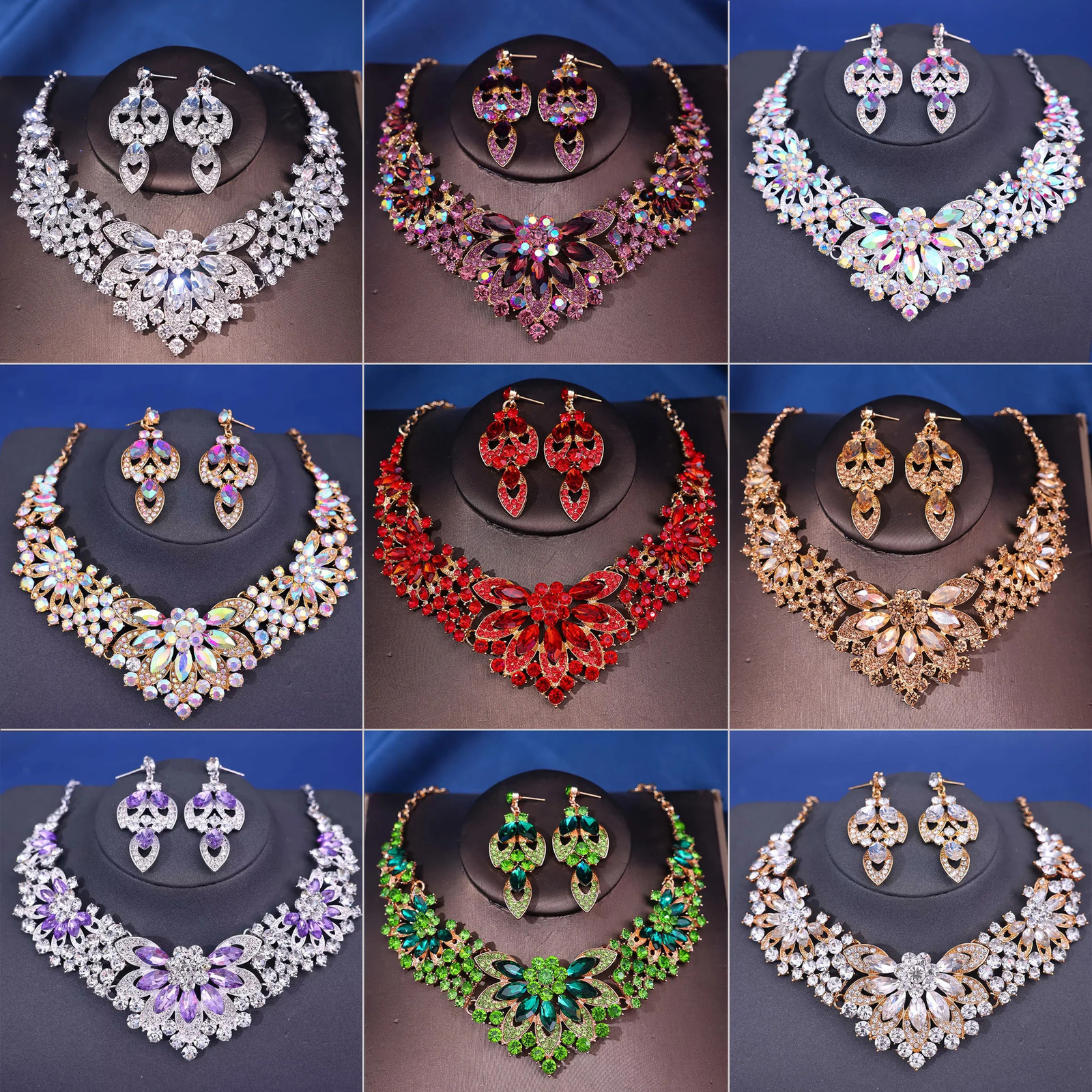 Advanced retro necklace earring set leaf Multicolored flowers luxurious crystal jewelry brides wedding dress accessories 250530