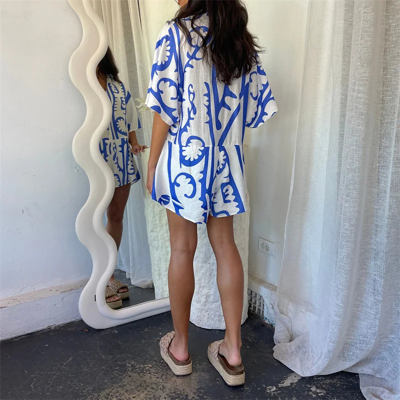 Lamuusaa Vacation Playsuit Women Summer Clothes Boho Graphic Print Single Breasted Short Sleeve Shorts Jumpsuit y2k Streetwear 250528