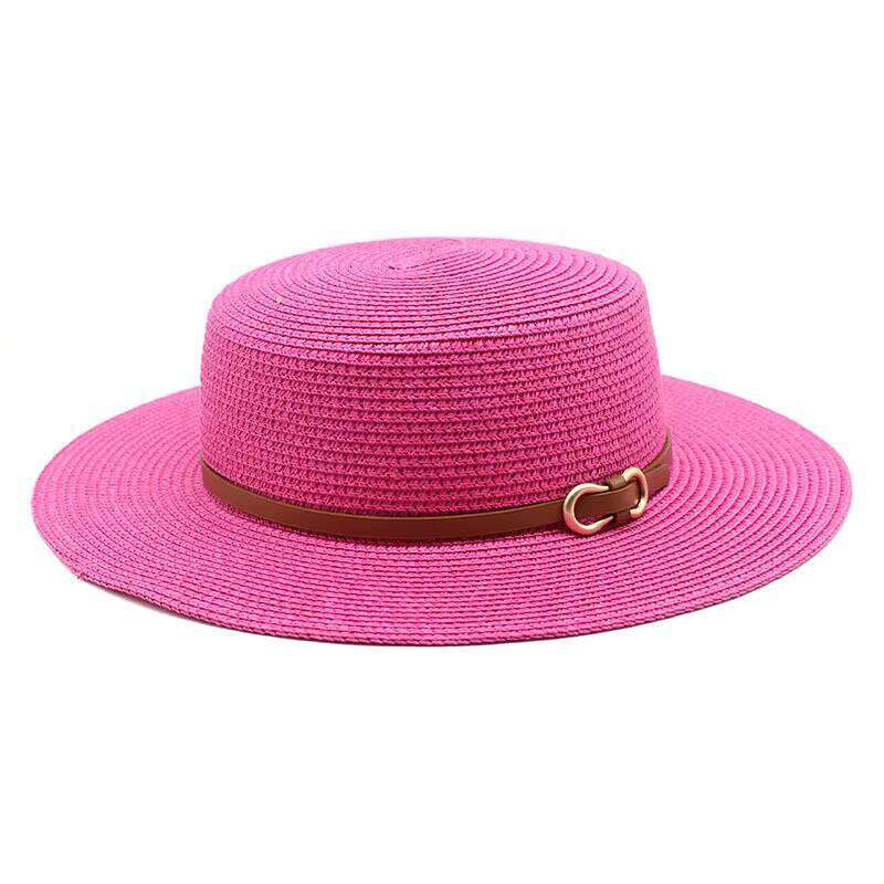Hot Selling Fashion Women Summer Beach Sun Paper Straw Flat Top Boater Hat With Trendy Belt