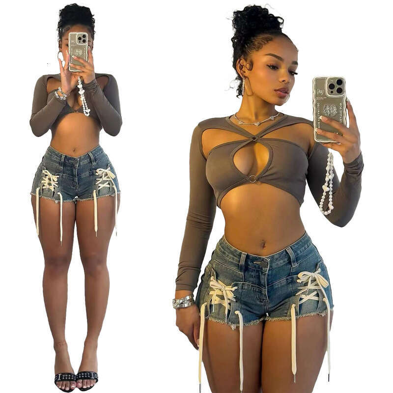 TK6313 New Women's Fashion Spring Summer Slim Fit Personality Tie Elastic Denim Shorts