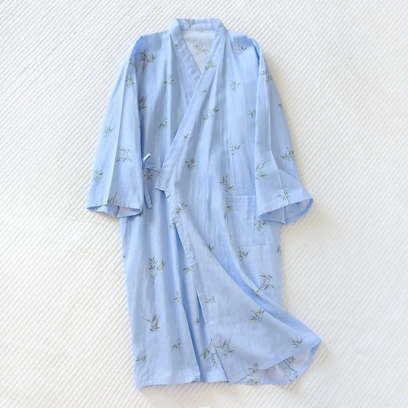 Cotton Gauze Bathrobe Men Plus Size Kimono Nightgown Spring Summer Thin Yukata Cardigan Plaid Long Sleeve Sleepwear Homewear 250526