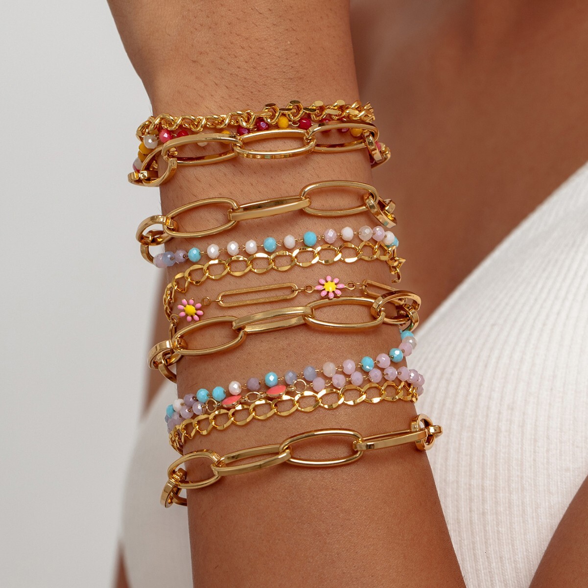 Stainless Steel Bohemian Minimalist Metal Women's Set of 5 Layered Chain Bracelets