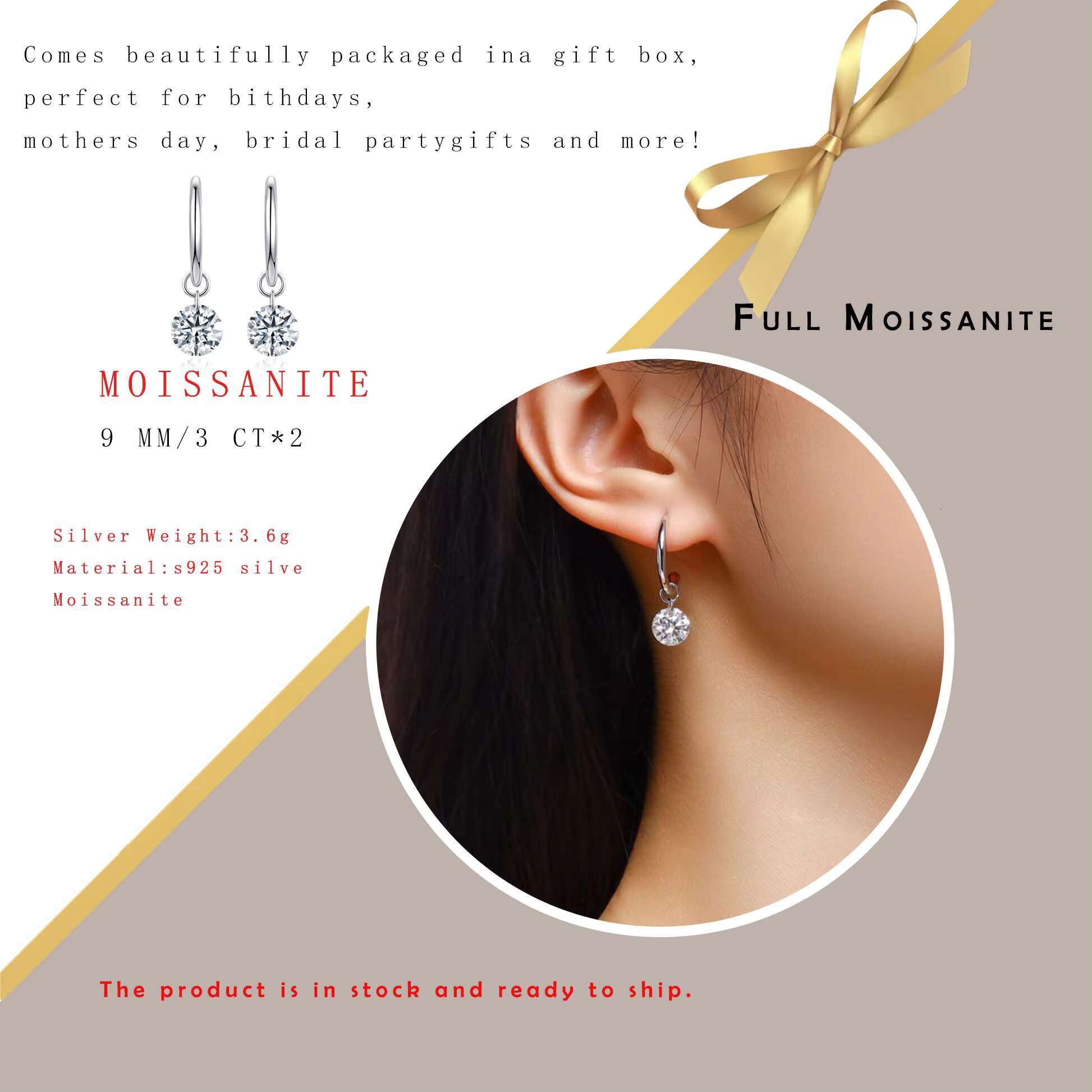 3 Carat Moissanite Earrings Hoop Style 925 Sterling Silver Platinum Plated Elegant Jewelry Women Gift Comes with GRA Certificate