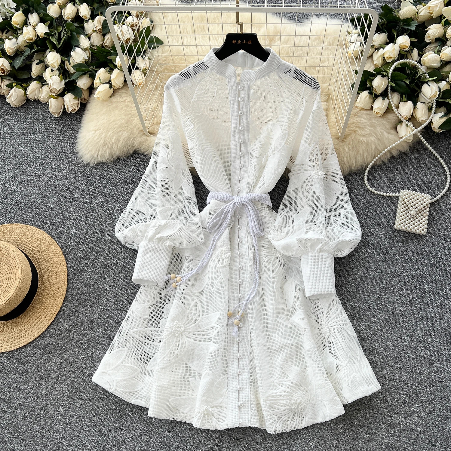 Women Casual Dresses Spring Summer French Lace Embroidery Women's Dress Stand Collar Long Lantern Sleeve Single Breasted Belt Party Birthday Dres