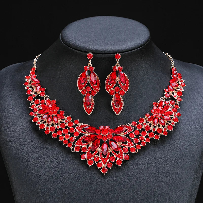 Advanced retro necklace earring set leaf Multicolored flowers luxurious crystal jewelry brides wedding dress accessories 250530