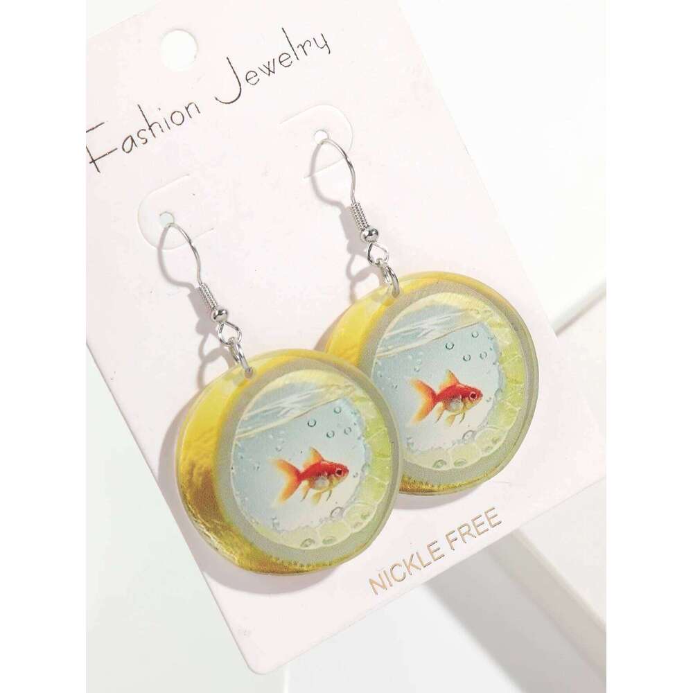 Cute Cartoon Lemon Fish Acrylic Print Drop Earrings For Women New Funny Round Carp Dangle Earring Creative Jewelry Birthday Gift