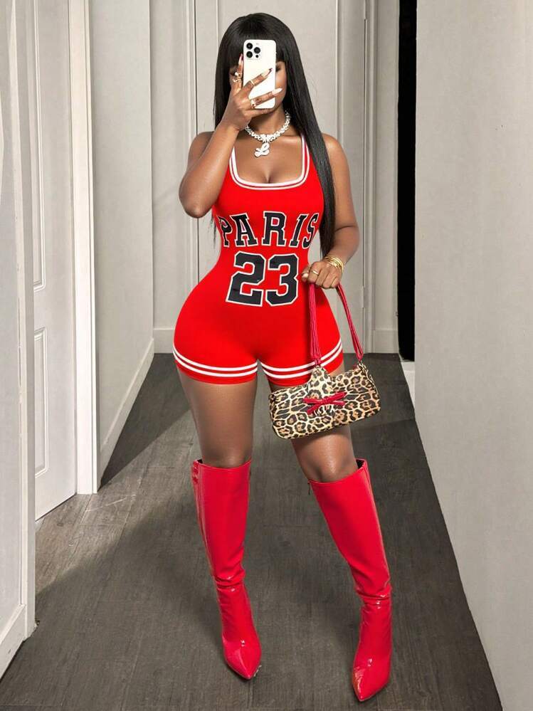 Designer T Shirt European And American Summer New Women S Sexy Hot Girl Slim Fit Printed Strap U Neck Bodycon Shorts Jumpsuit For Women Essentials Sum