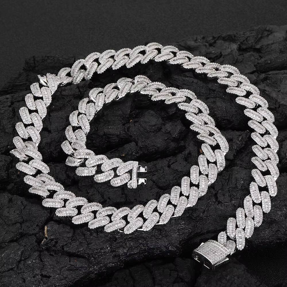 NUOYA Hip Hop Jewelry Sier Plated Miami 15mm Fully Iced Spring Buckle Cuban Men's Chain