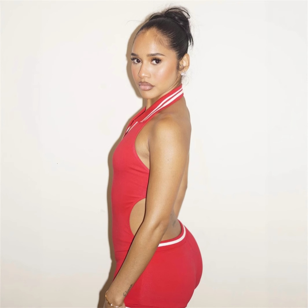 Designer T Shirt Summer European And American Border Fashion Sexy Hot Girl Sleeveless Solid Color Backless Halter Neck One Piece Shorts Essentials Sum