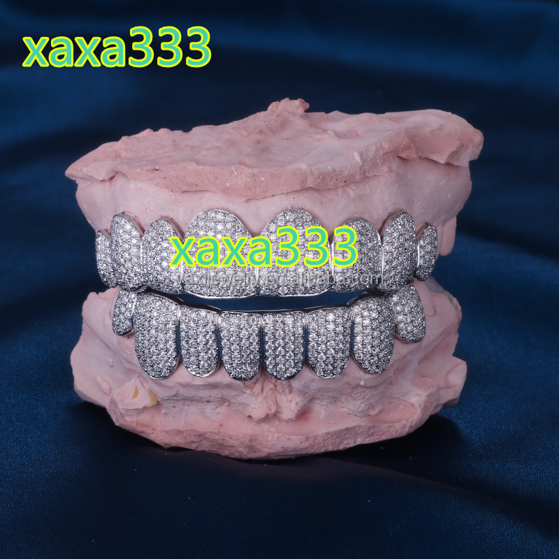 YAXI Unisex Custom Hip Hop Grillz Top 8 and Bottom 8 Iced Out VVS Diamond 925 Silver 10K 18K Solid Gold Moissanite Grillz