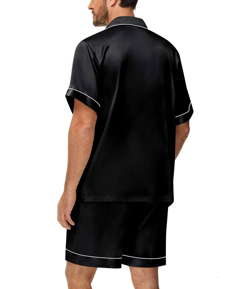 Mens Satin Pajama Set Solid Color Short Sleeve Lapel Top And Elastic Shorts Comfortable Fit Summer Loungewear Sleepwear 250526