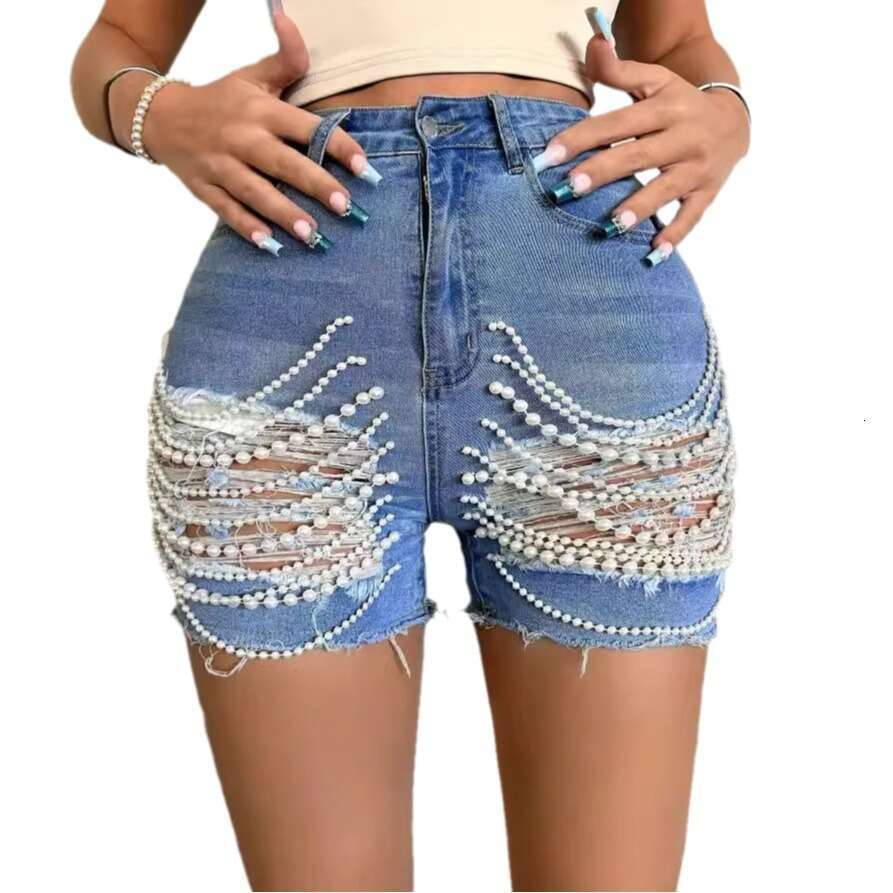 Denim Shorts Jeans Shorts Women S Denim Shorts Summer New High Waist Slimming Handmade Beaded Chain Ripped Hot Pants Ripped Short Jeans