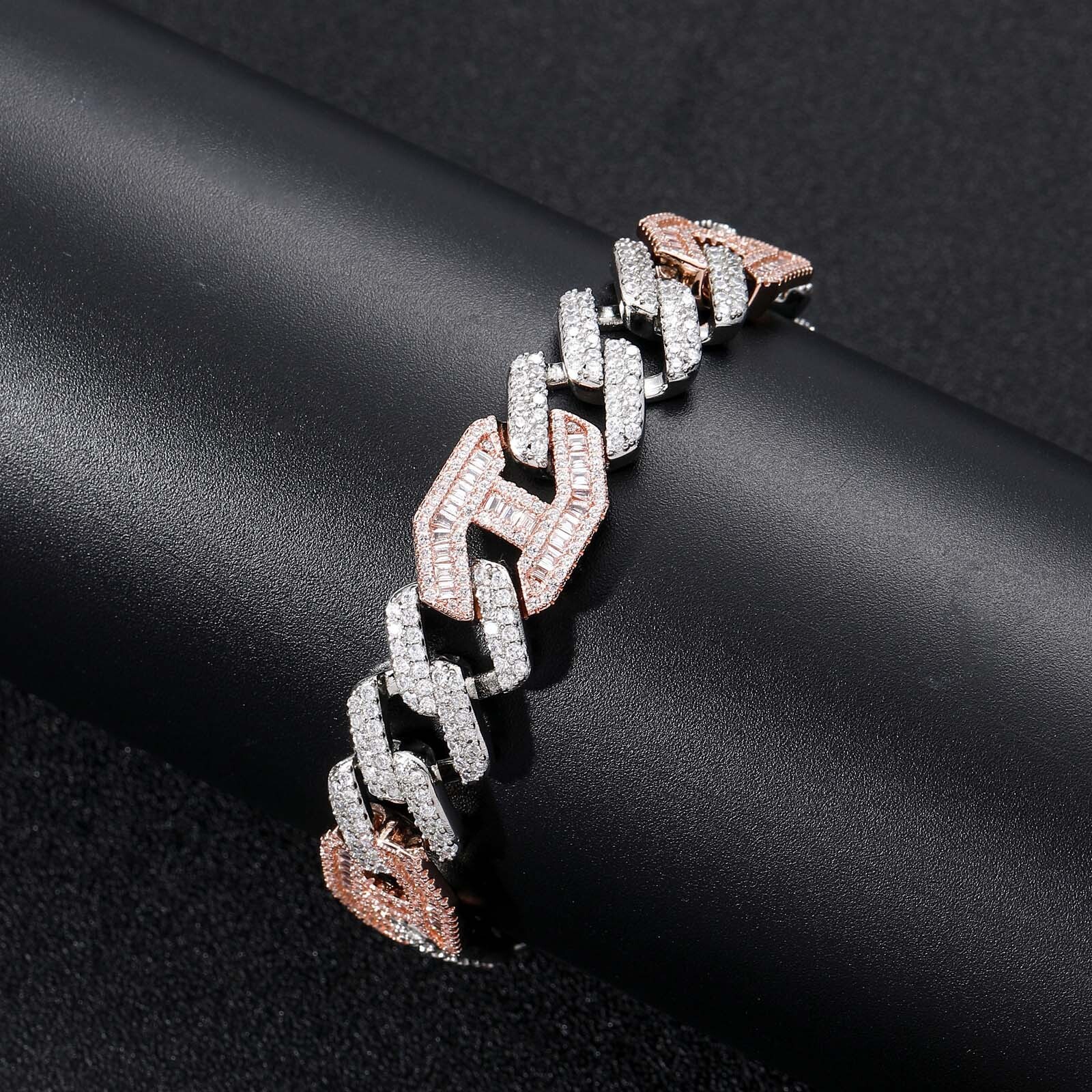Bracelet hip hop two color rose gold 15mm wide three to one flip buckle strip CUBAN CHAIN mens Bracelet moissanite