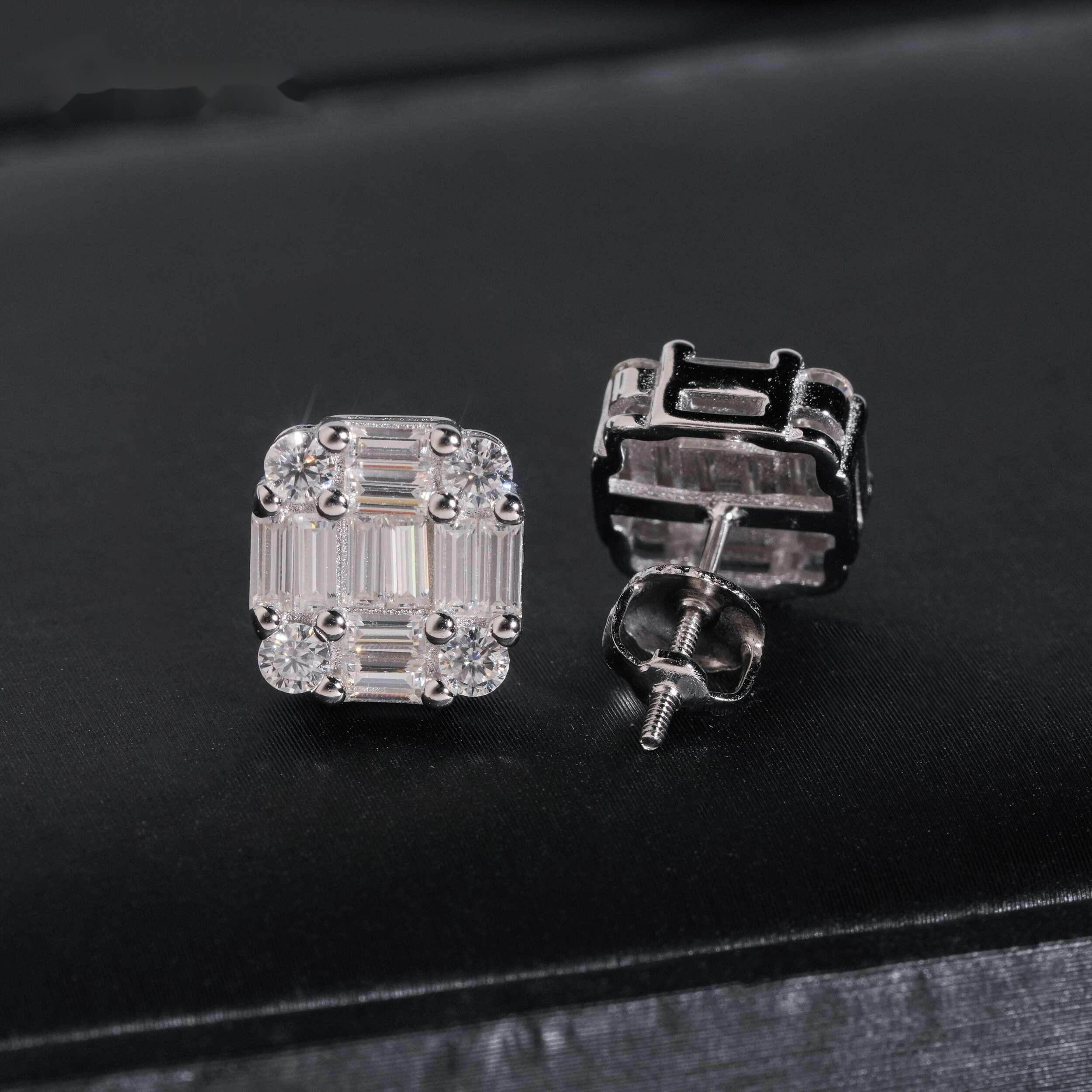 New Arrival Hip Hop Design Baguette Diamond 925 Sterling Silver VVS Iced Out Moissanite Stud Earrings for Men