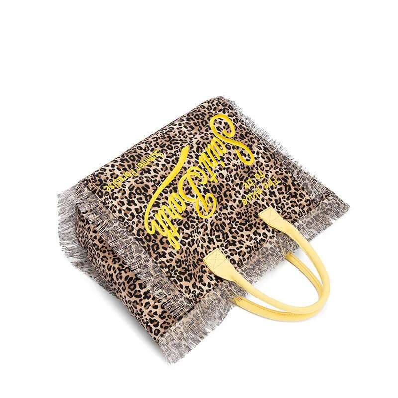 Saint Barth Leopard Print Yellow Handbag, European And American Beach Street Fringe, Large Capacity Canvas Tote Bag For Women