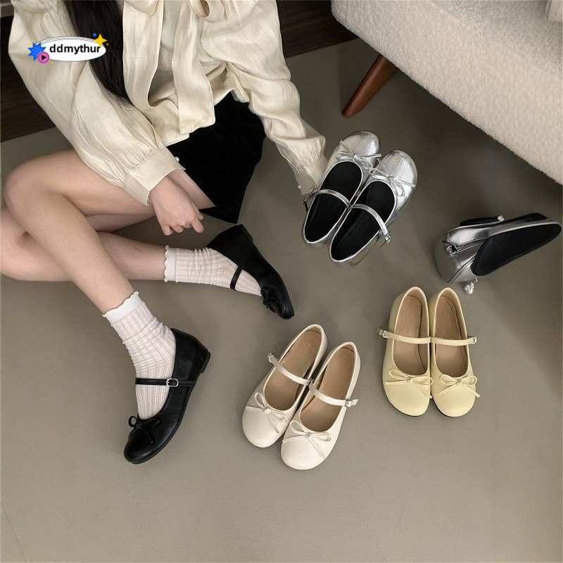 Hidden Wedge Silver Bow Mary Jane for Women Spring Autumn 2025 New Fairy Style Ballet Shoes ddmythur