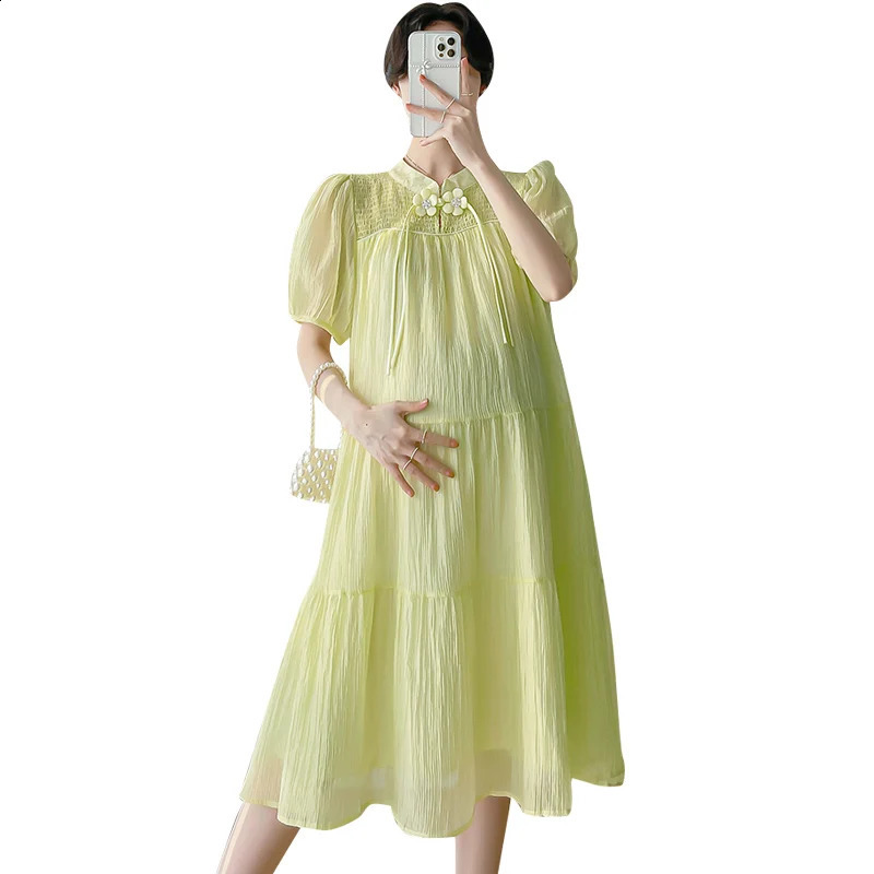 Korean Style Loose Maternity Chinese Cheongsam Puff Sleeve Sweeet Pregnant Women Chiffon Dress Pregnancy Soft and Light Clothes 250530
