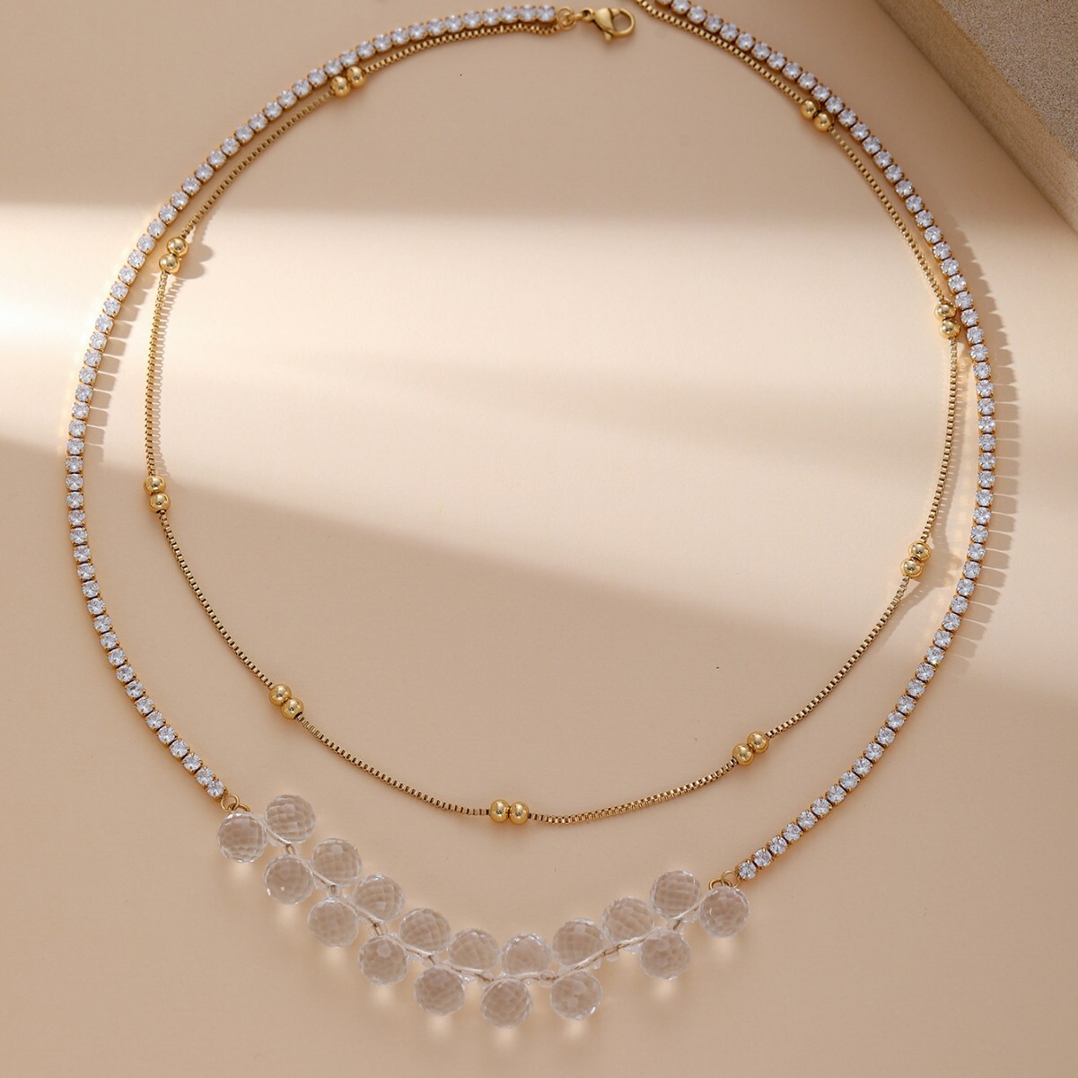 New White Crystal Double Layer Necklace Light Tennis Niche High-end Versatile Sweater Chain for Women