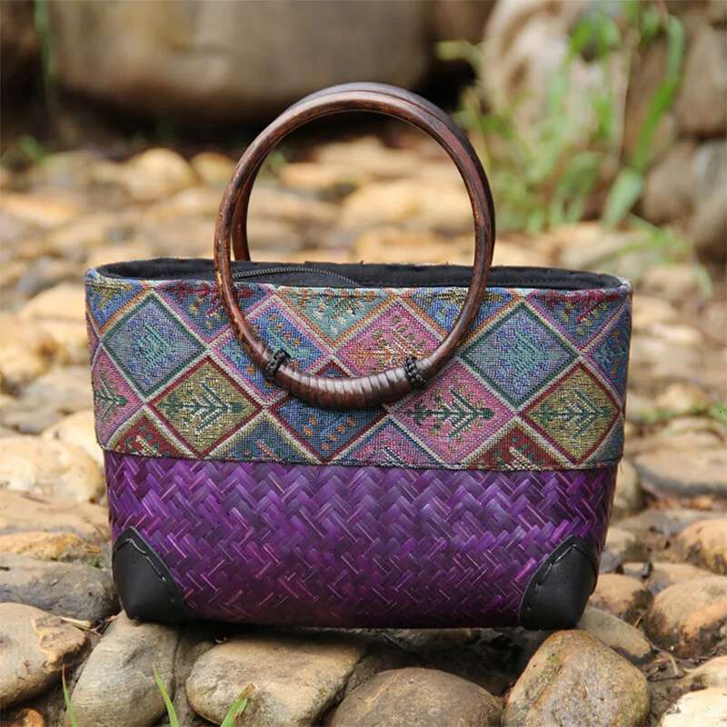 New retro Japanese handmade grass and bamboo bag designer large capacity women's storage woven rattan handbag