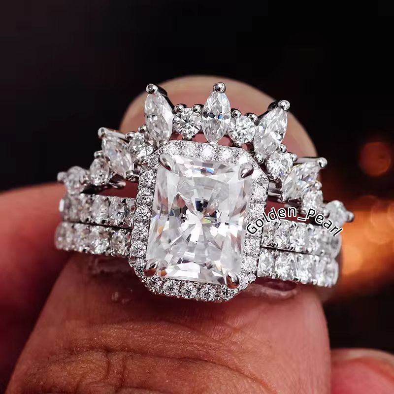 Luxury Custom Crownshaped 14K White Gold 925 Silver Radiant Cut Moissanite Diamond Stackable Ring Fine Jewelry for Ladies Rings