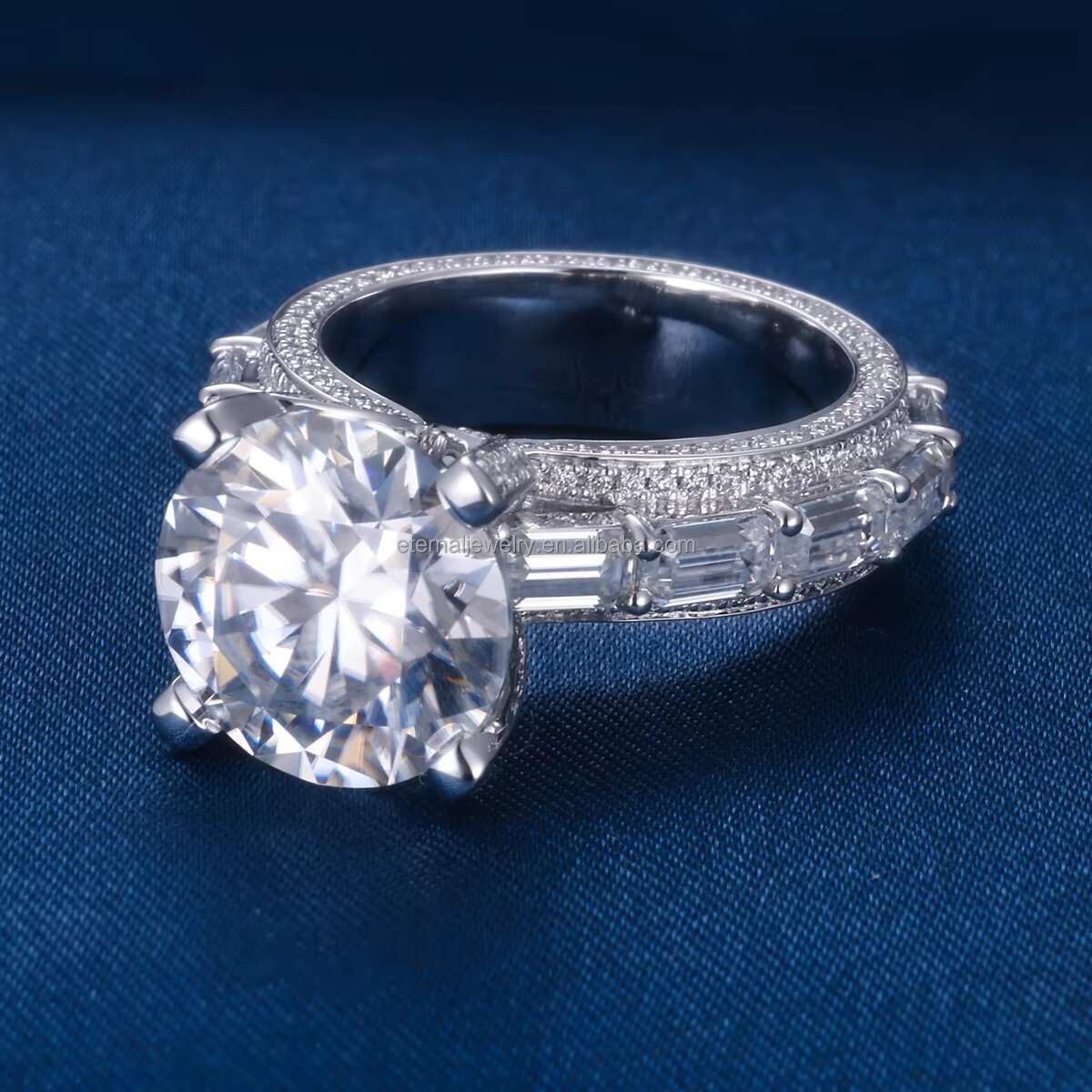 Custom Womens S925 Silver 9K 10K 14K 18K Solid Gold 3ct 5ct Round Cut VVS D Moissanite Diamond Baguette Wedding Engagement Ring