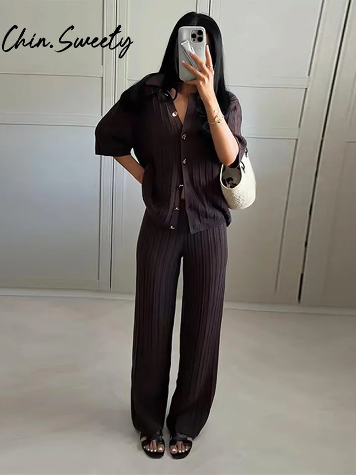Vintage Brown Knit Cardigan Pants Women Outfit Button O-neck Short Sleeve Top Straight Trousers 2025 Summer Chic Lady Set 250530