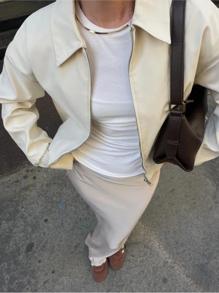 Casual Solid Color Zipper Jacket Vintage Turndown Collar Loose Long Sleeved Short Coat Spring Autumn Fashion Women Overcoat Top 250530