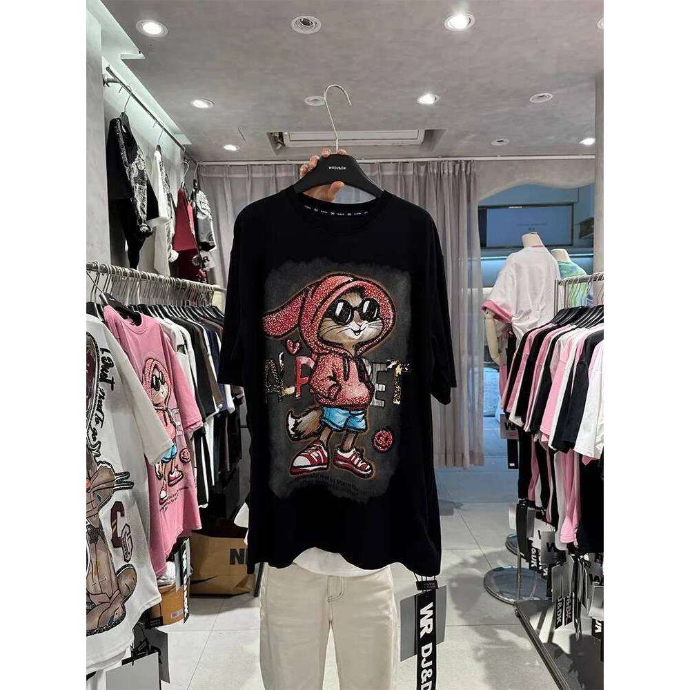 Oversized Rhinestone Rabbit mid-length half-sleeved top 100% cotton women's short-sleeved T-shirt