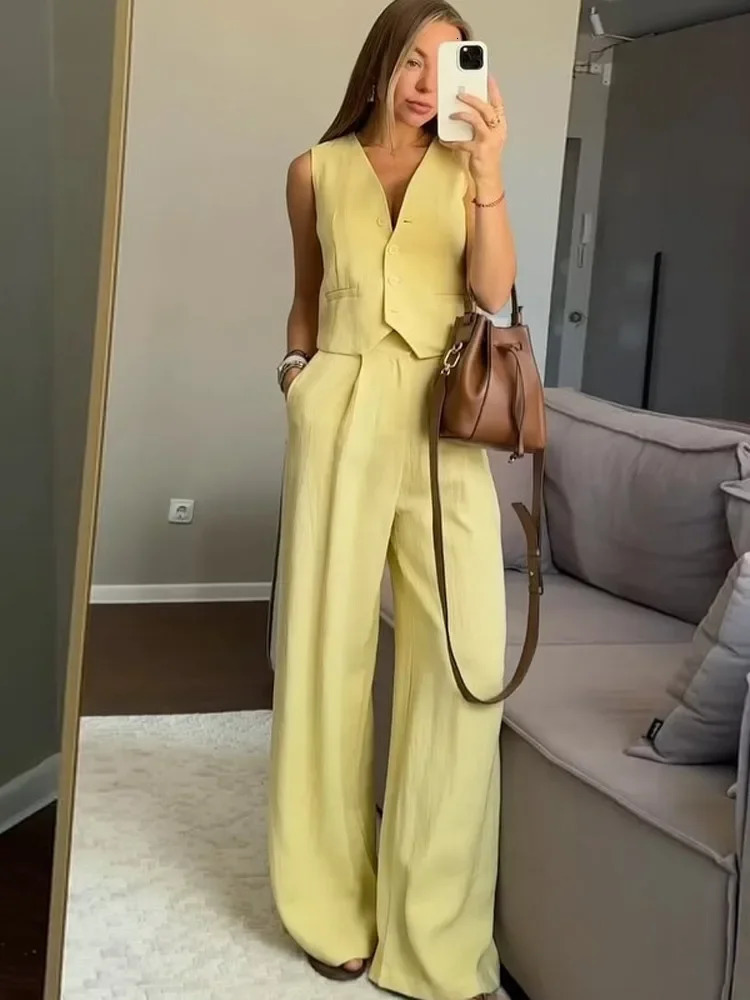Fashion Womens Vest Trouser Suits Sleeveless Button Wide Leg Pant Lady Set 2025 Spring Summer Casual 2 Pieces Set Women 250530