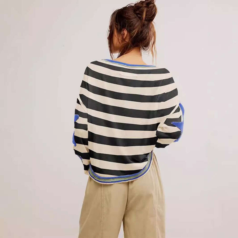 2025 Autumn Color Block Women's Fashion Long Sleeve Top Drop Shoulder Round Neck Star Decorated Line Sweatshirt