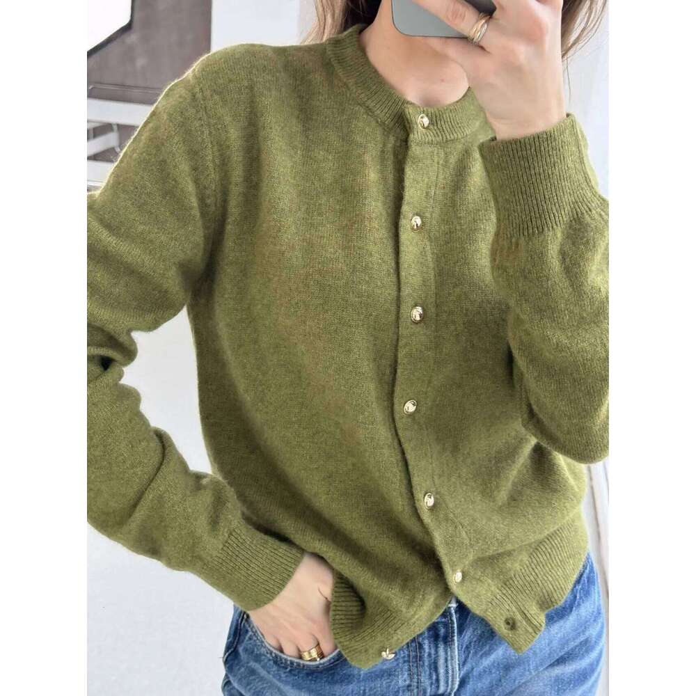 Autumn Women's Casual Wool Solid Color Round Neck Long Sleeve Loose Cardigan Sweater