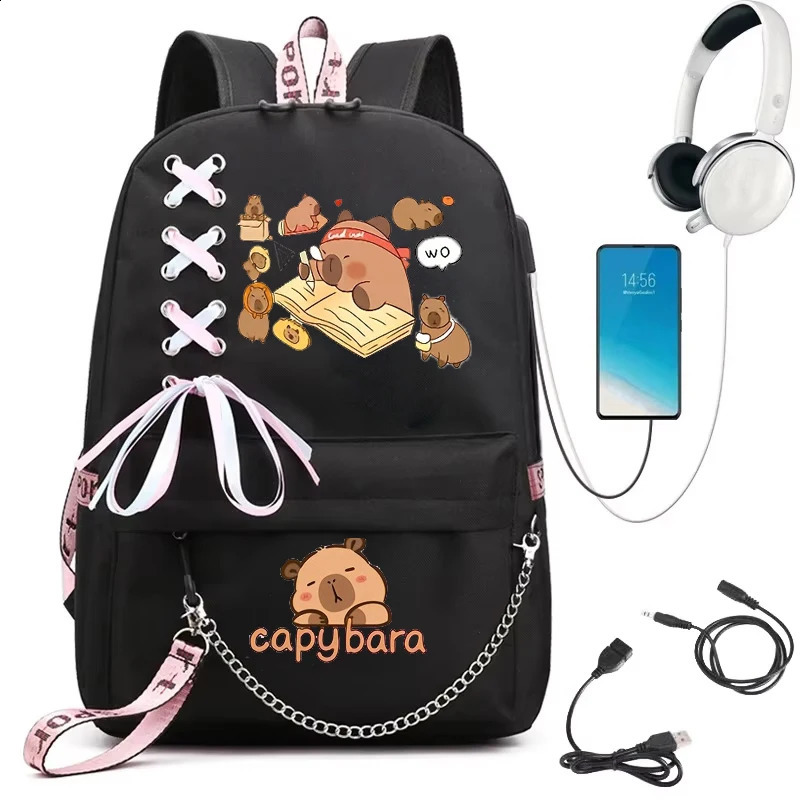 Women Schoolbag Waterproof Large Capacity School Backpack Zipper Teens Girl Casual Daypack Bag Capybara Anime Student Backpacks 250530