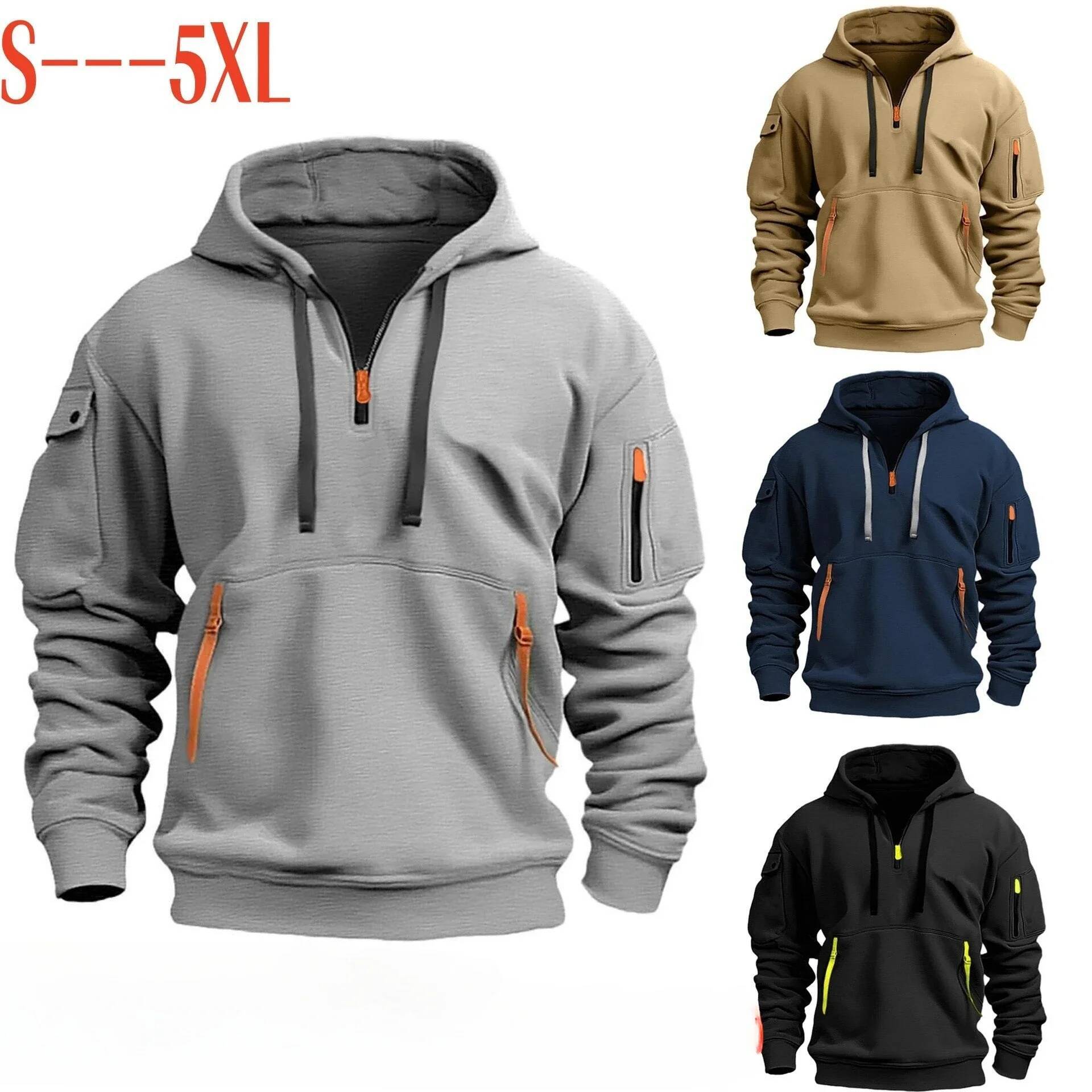 Half Zip Hoodie Hooded With Multiple Pockets Zipper Pullover Men's Sports And Casual Sweatshirt For Men