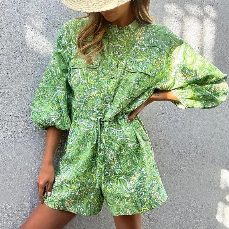 BAMBOOBOY Women Summer Long Sleeve Playsuit with Waist Elastic Band Casual Stand Collar Pocket Loose Wide Leg Short Jumpsuit 250528