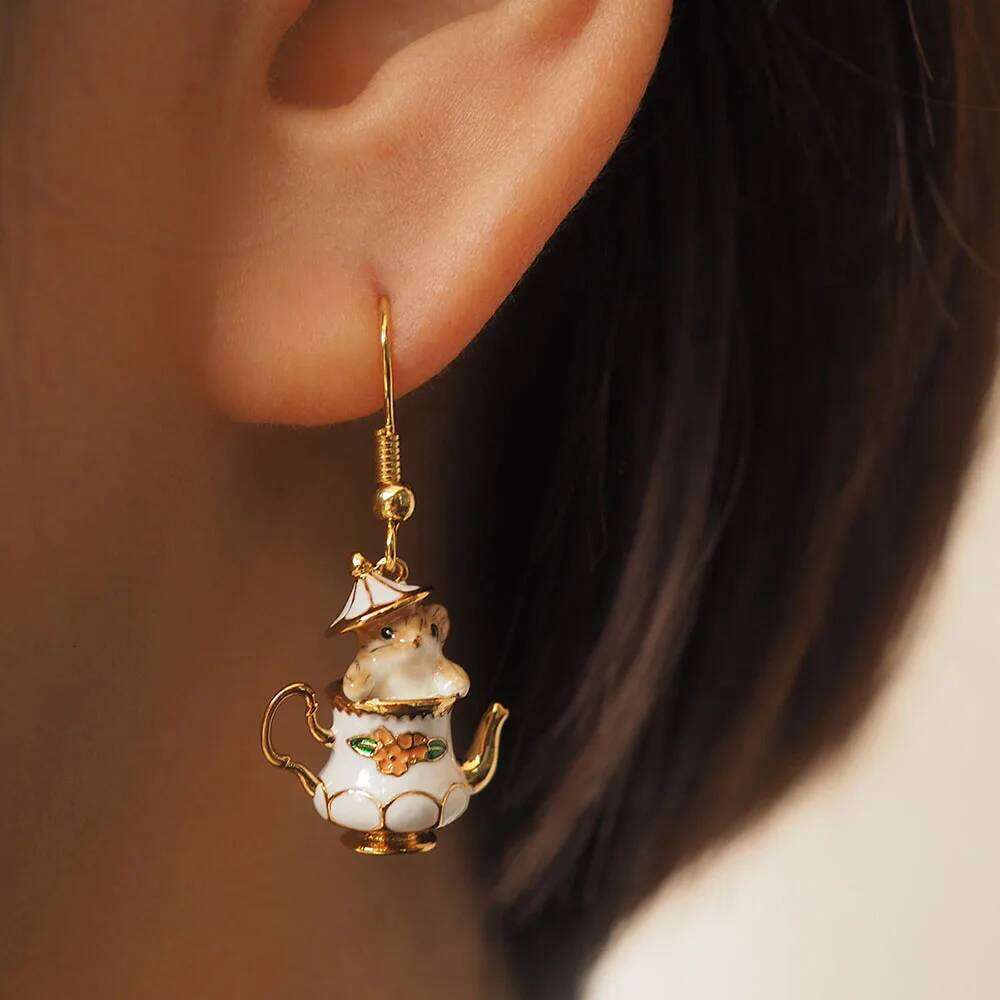 New 2024 Fashion Funny Enamel Cartoon Chipmunk French Teapot Earrings For Women Accessories Style Jewelry Woman Charm