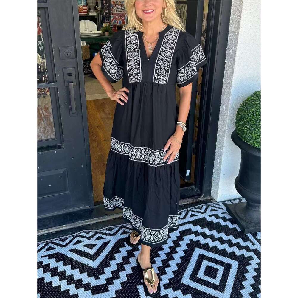 New European American printed loose cotton dress, 2025 new casual and versatile fashion clothing