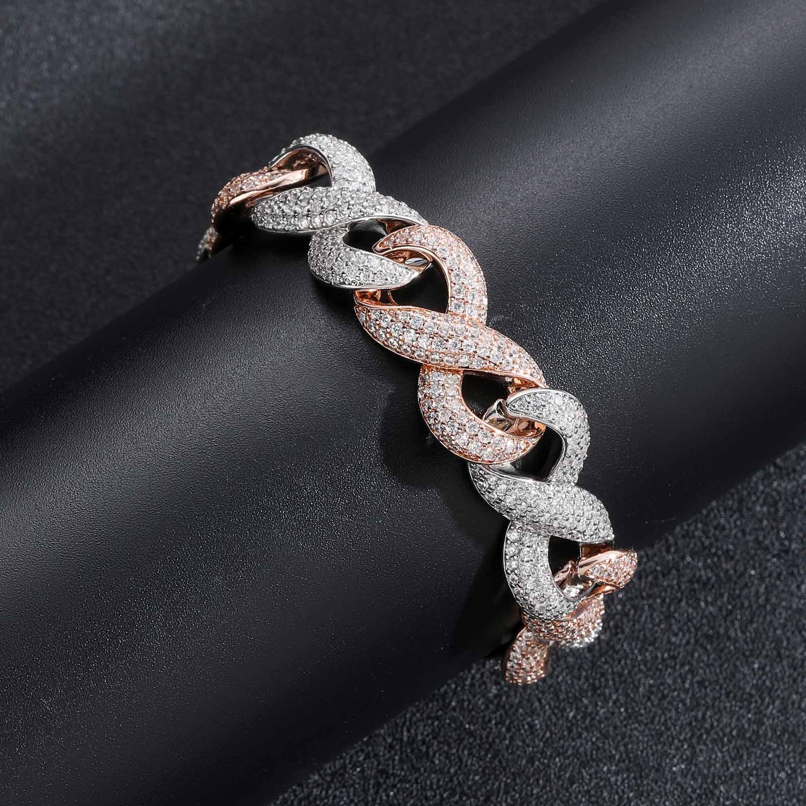 15mm Wide Figure-8 Infinite Chain Rose Gold Two-Tone Cuban Chain Micro-Paved Moissanite Trendy Hip-Hop Bracelet moissanite
