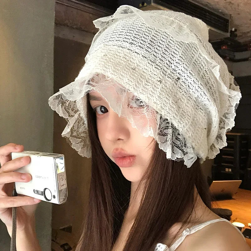 Korean Lace Hollow Pullover Hat Spring and Summer Sweet Versatile Breathable Thin Big Head Skull Beanie Cap for Womens 250530