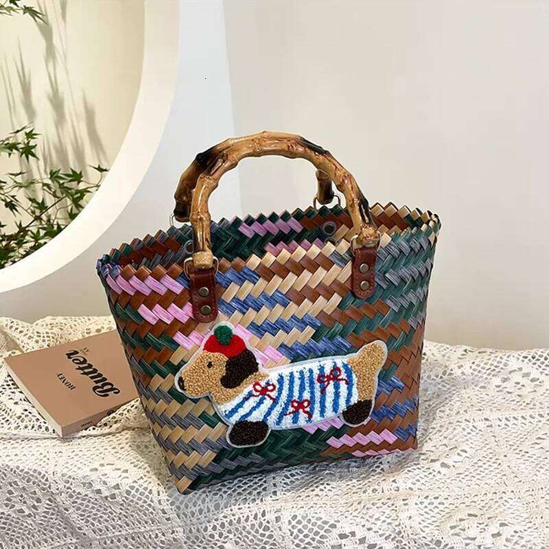 Niche Retro Cute Dachshund Woven Fashionable Bamboo Basket 2025 New Casual Hand-held Tote Girls Gift Women's Bag