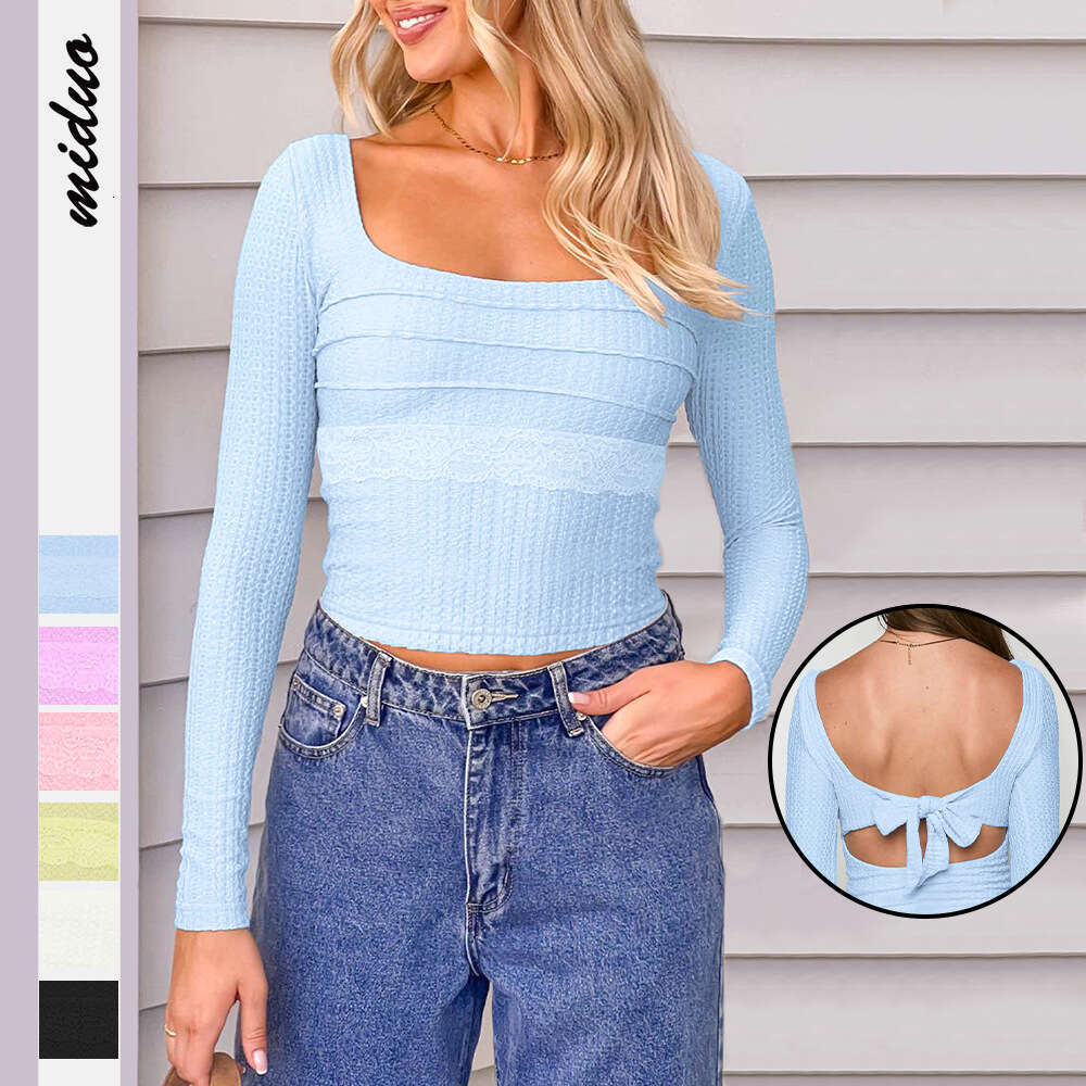 New Lace Patchwork Square Neck Slim Fit Long Sleeve T-Shirt Women's Base Shirt Backless Tie Top 1062