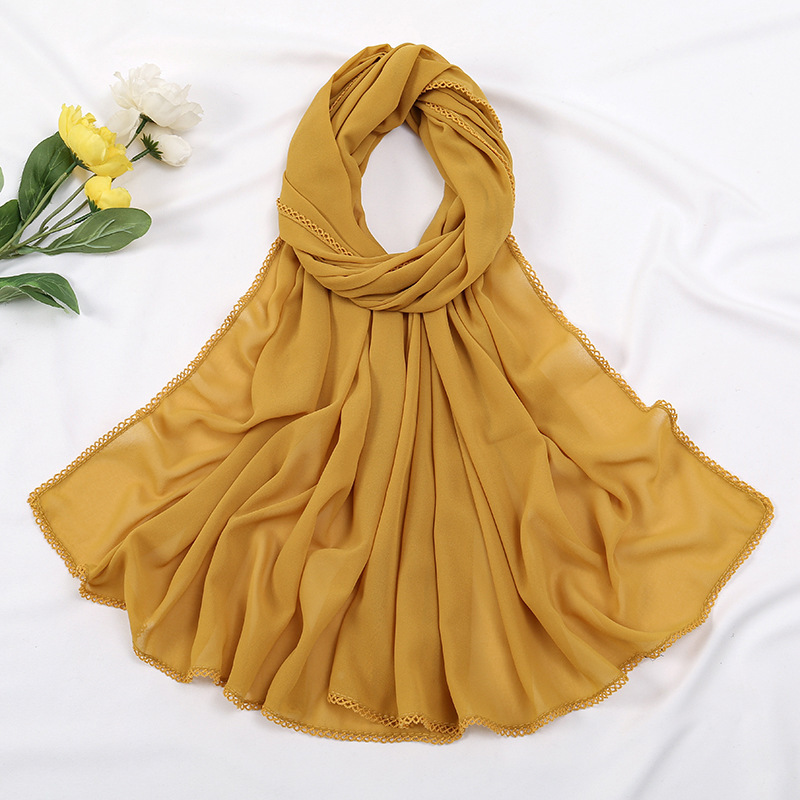 K898 New Malaysian curved edge lace headscarf elegant style female tooth edge pearl chiffon solid color scarf wholesale