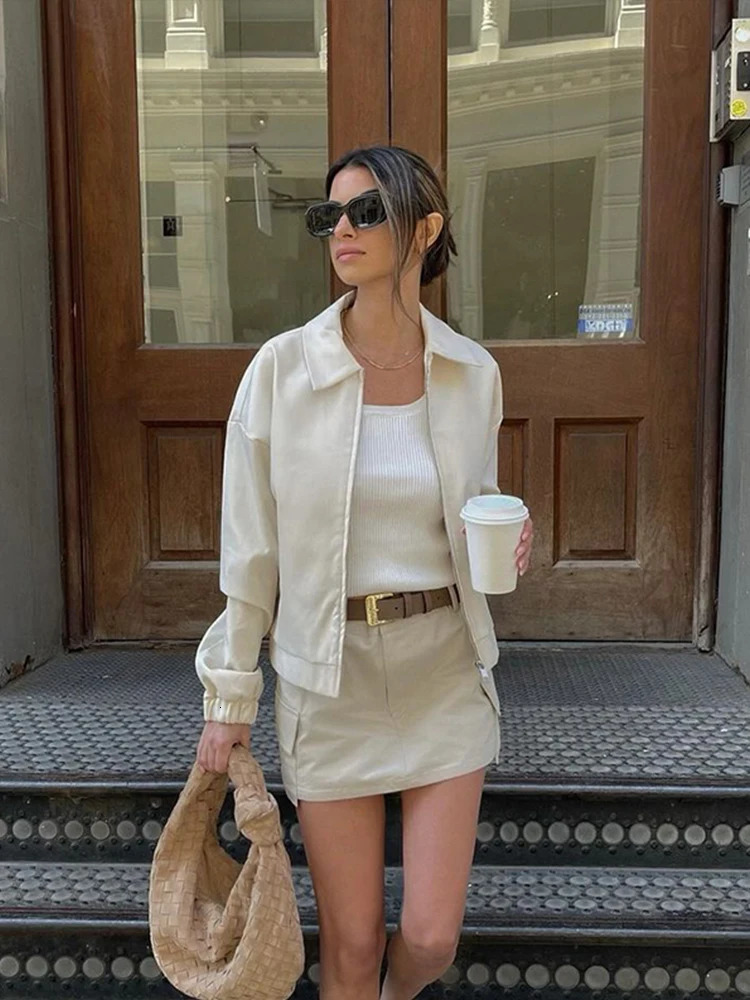 Casual Solid Color Zipper Jacket Vintage Turndown Collar Loose Long Sleeved Short Coat Spring Autumn Fashion Women Overcoat Top 250530