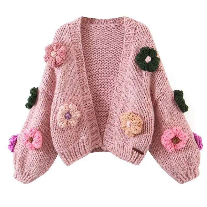 Boho Inspired Winter Women's Cardigans Multicolor Knitted 3D Flowers Long Sleeve Loose Cardigan Coats Warm Sweaters 4 Colors