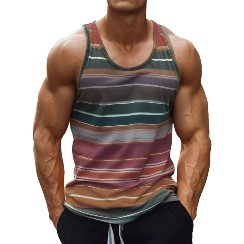 3D Printed Colorful Stripes Tank Tops For Man Gradient Pattern Tees Summer Casual Fashion Vest Oversized Sports Street Top 250527