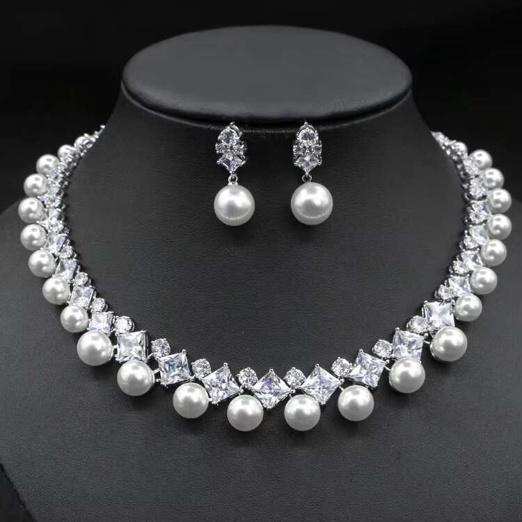 Fashion Womens Zircon Mossanite Double Pearl Earrings Jewelry Set Necklace With Earrings Set for Women