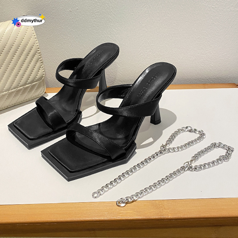 2025 Sexy Square Open Toe Stiletto High Heels One Strap Sandals Women Black with Anklet for Outdoor Wear ddmythur